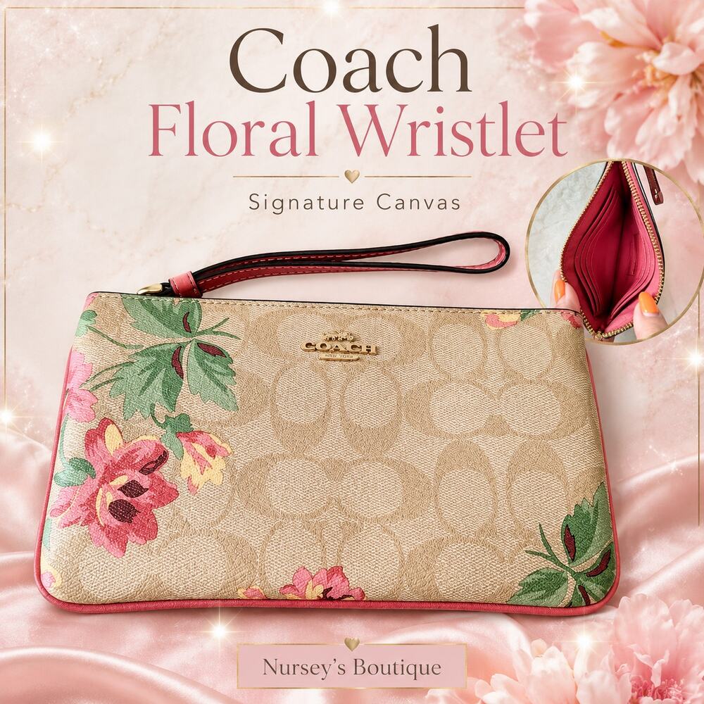 Coach F73368 Large Wristlet Signature Canvas Lily Print Khaki Pink Floral